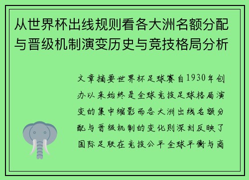 从世界杯出线规则看各大洲名额分配与晋级机制演变历史与竞技格局分析